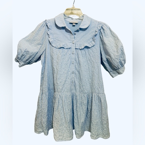 Sandy Liang Gingham Square Ruffle Yoke Botton Front Dress Tiered Coastal Cottage - Picture 9 of 13